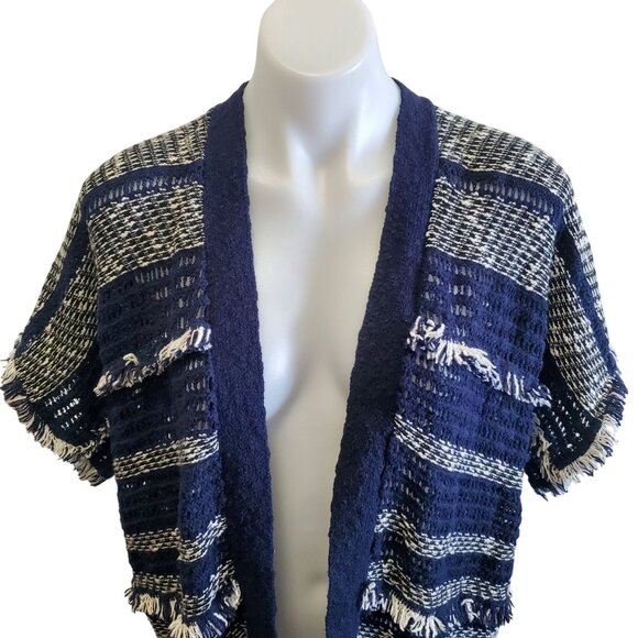 Lucky Brand Blue White Open Front Short Sleeve Boho Fringe Poncho Cardigan XS/S - Picture 2 of 8